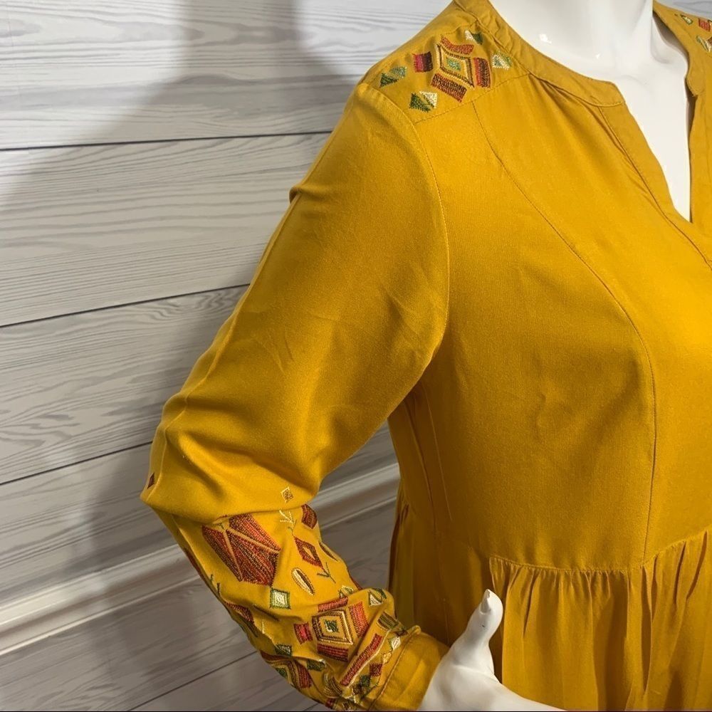 Beach Lunch Lounge Mustard Yellow Aztec Finely Embroidered Boho Dress - S - Picture 11 of 16